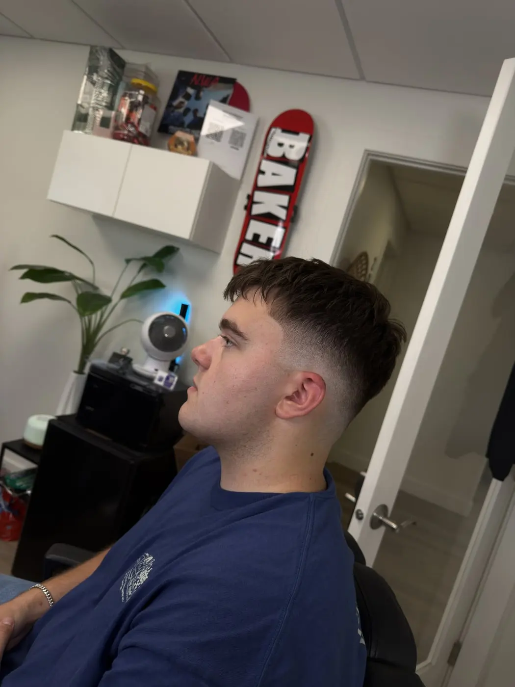 Textured crop with a drop fade in the Bulletproof Barbering studio in Bountiful, Utah